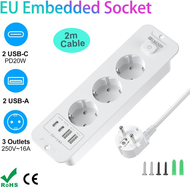 HITRENDS EU-Einbausteckdose mit 2 USB-C Schnellladegeräten und 2m Verlängerungskabel, Desktop-Einbau-Steckdosenleiste, Weiß - Bild 1
