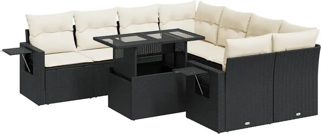vidaXL 9-tlg Garten-Sofagarnitur in L-Form aus Poly-Rattan und pulverbeschichtetem Stahl in Schwarz mit UV-beständigen Kissen - Bild 1