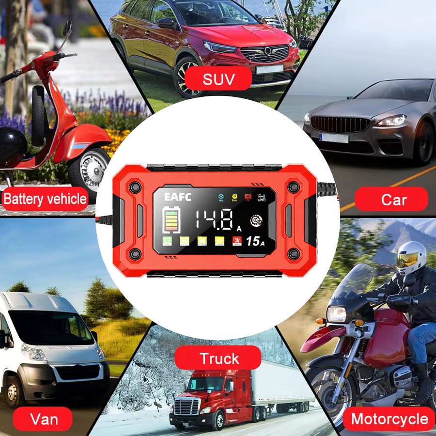 EAFC Smart Batterieladegerät 12V mit 15A/8A Puls-Reparatur und Display für Auto, Motorrad sowie Blei-Säure, AGM und GEL Batterien in Rot - Bild 3