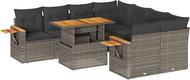 vidaXL 9-tlg. Garten-Sofagarnitur in L-Form aus Poly-Rattan und Akazienholz mit Kissen in Grau - Bild 1