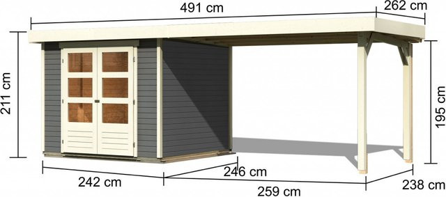 Gartenhaus Holz ASKOLA 35 in Terragrau mit Flachdach und Anbaudach, B/H/T: 238 x 242 x 19 cm - Bild 2
