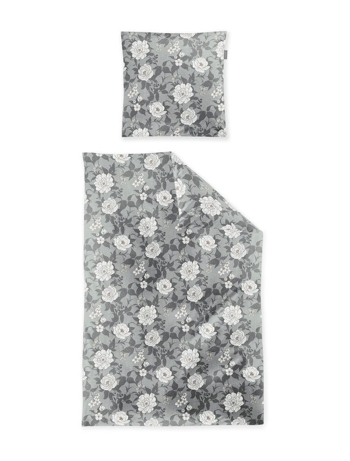 Irisette Feinbiber Bettwäsche mit Blumen Rosen Design in Grau Silber, B/H: 135 x 200 cm mit Kissenbezug 80 x 80 cm - Bild 1