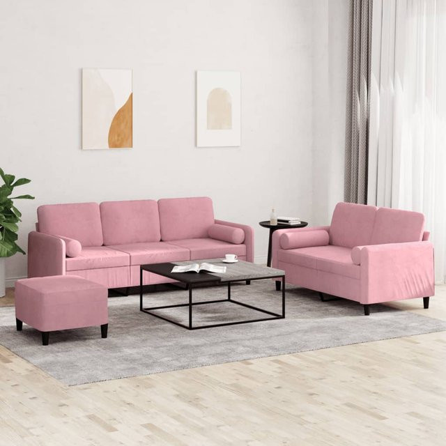 vidaXL 3-teilige Sofagarnitur mit Kissen aus Samt in Rosa - Bild 2