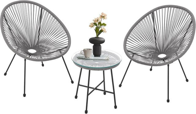 Juskys Balkonmöbel Set Ostana 3-teilig mit Tisch und 2 Sesseln in Hellgrau mit Seilgeflecht und Stahlgestell im Retro Design - Bild 1