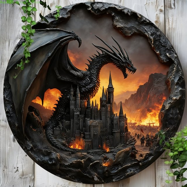 Rundes Metallschild CIFBUY mit mittelalterlichem Drachen und Schloss, gotische Wandkunst in Multicolour, Durchmesser: 20 cm - Bild 1