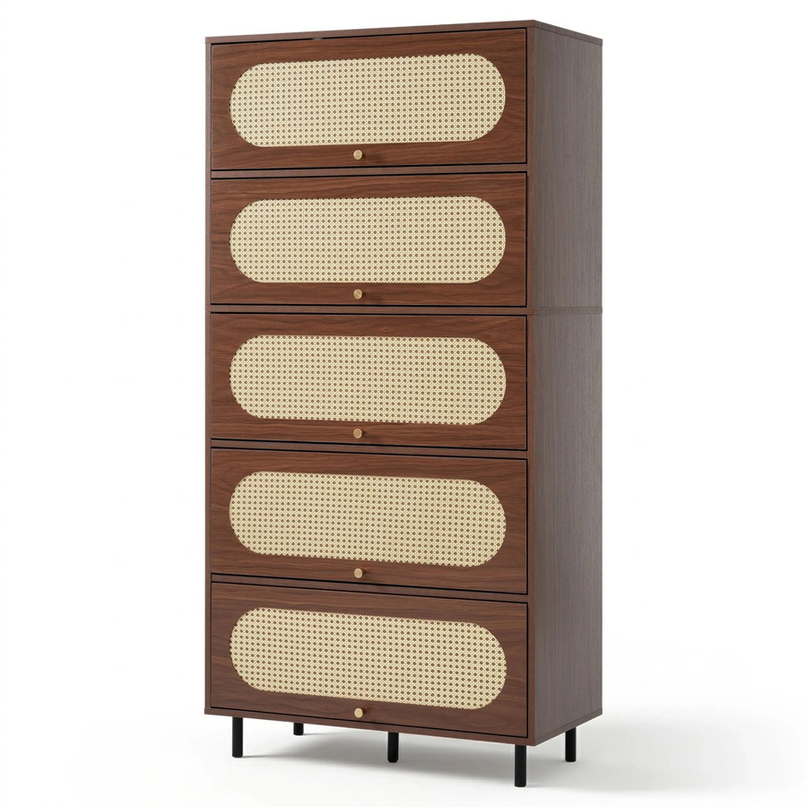 Merax Hochschrank Nussbaum Rattan im Mid-Century Design mit 5 Klappen, Farbe Braun, H x B x T: 163 x 80 x 40 cm - Bild 2
