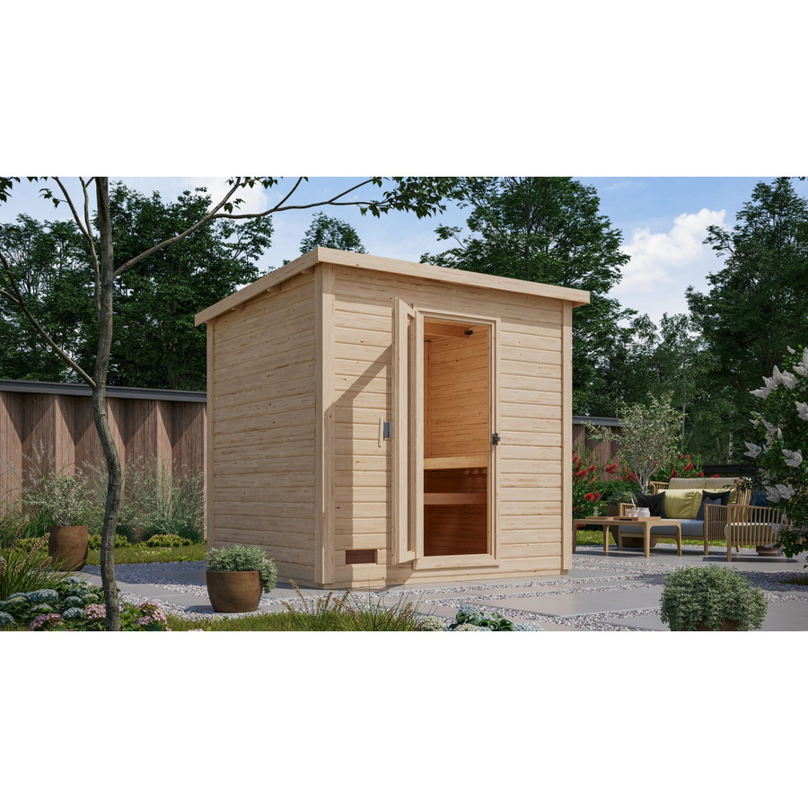 Karibu Saunahaus Arvi 3 Set aus Fichte in Naturbelassen mit 9 kW Ofen und externer Steuerung für Bio-Sauna - Bild 2