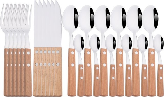 Snplowum Besteckset aus 304 Edelstahl mit Holzgriff in Silber, 6 oder 24 Teile bestehend aus Messern, Löffeln und Gabeln - Bild 1