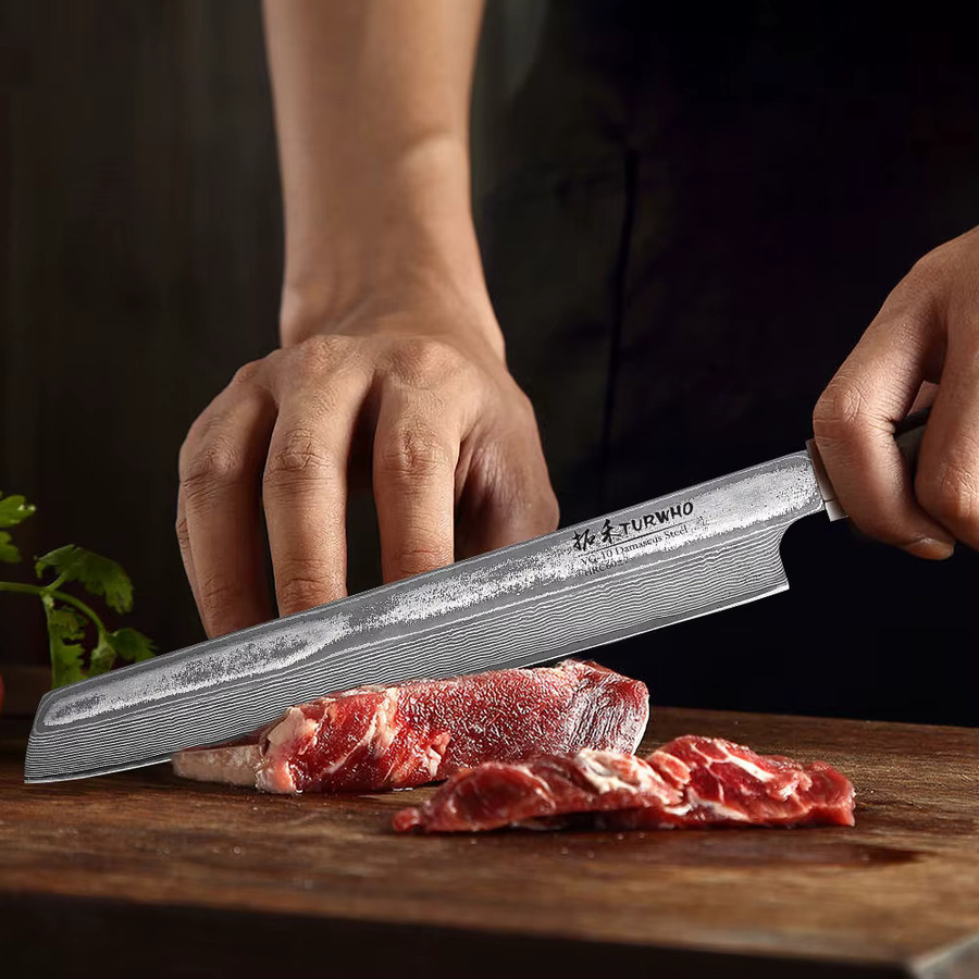 TURWHO Damaszener Stahl Schneidemesser, handgefertigtes japanisches Schnitzmesser und Sashimi-Fleischbeil mit Holzgriff, 21,59 cm - Bild 3