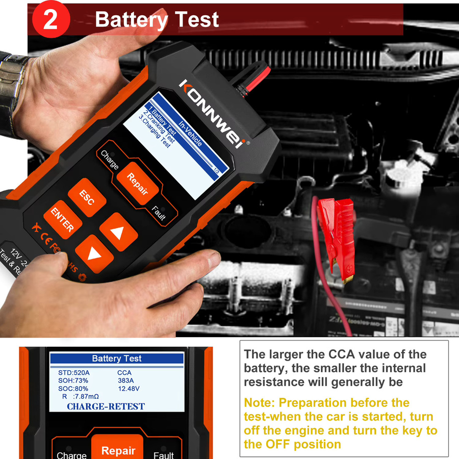 KONNWEi Automotive Batterie Tester in Schwarz mit Puls Reparatur, Spannungserkennung und Startup Test für dein Auto - Bild 5