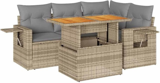 vidaXL 5-tlg Garten-Sofagarnitur in L-Form aus PE-Rattan und Akazienholz mit Kissen in Beige-grau - Bild 1