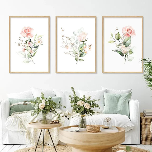 Potdemiel Leinwand Wandbild Boho Aquarell Blumen und Grüne Blätter Minimalistischer Kunstdruck - Bild 1