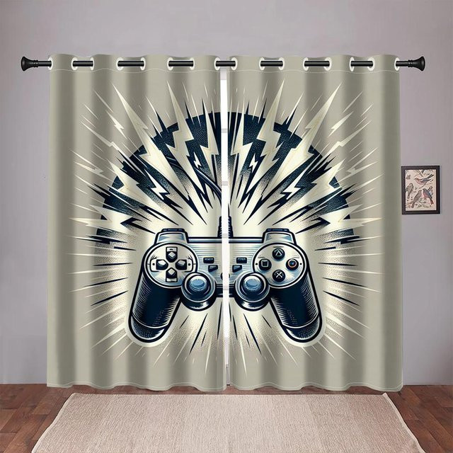E-Sport Design Fenstergardinen Set aus 2 lichtfilternden Vorhängen in Grau, B: 50 cm, H: 60 cm - Bild 1