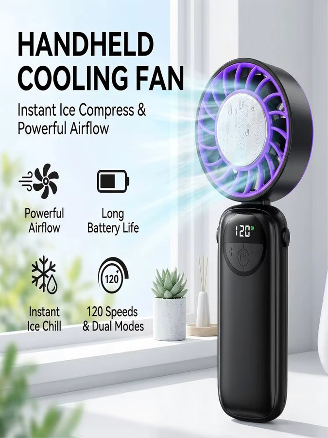 LIPETY Eisgekühlter Mini-Handventilator in Schwarz mit 120-Gang-Turbo-Funktion, stufenloser Einstellung, LED-Anzeige und USB-Wiederaufladung - Bild 6