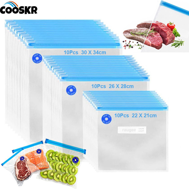 Wiederverwendbare Vakuumierbeutel von raugee, BPA-frei und transparent, Vakuumverpackungsbeutel mit Luftventil und Reißverschluss zur Frischhaltung von Lebensmitteln, 10 Stück - Bild 1