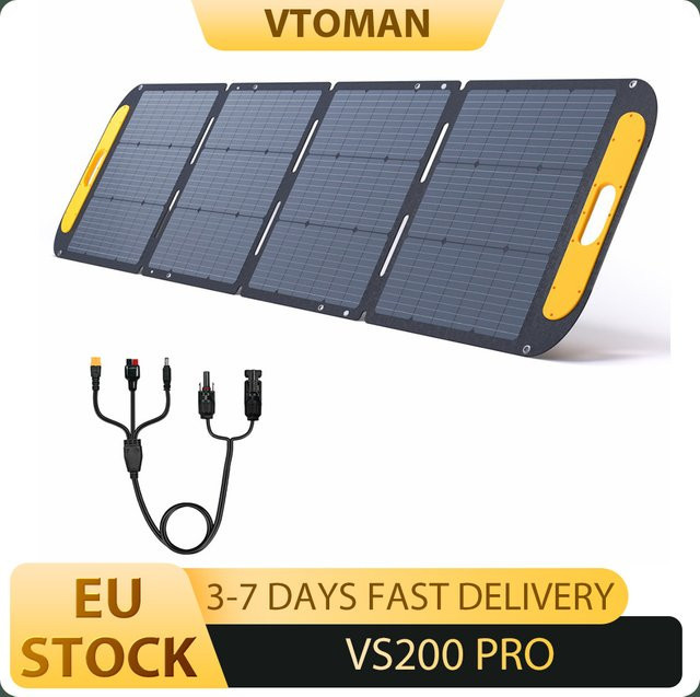 VTOMAN VS200 PRO faltbares Solarpanel 200W in Schwarz mit hocheffizienten monokristallinen Zellen, IP67 wasserdichter ETFE-Oberfläche, verstellbarem Ständer und MC4-Anschluss für tragbare Kraftwerke - Bild 1