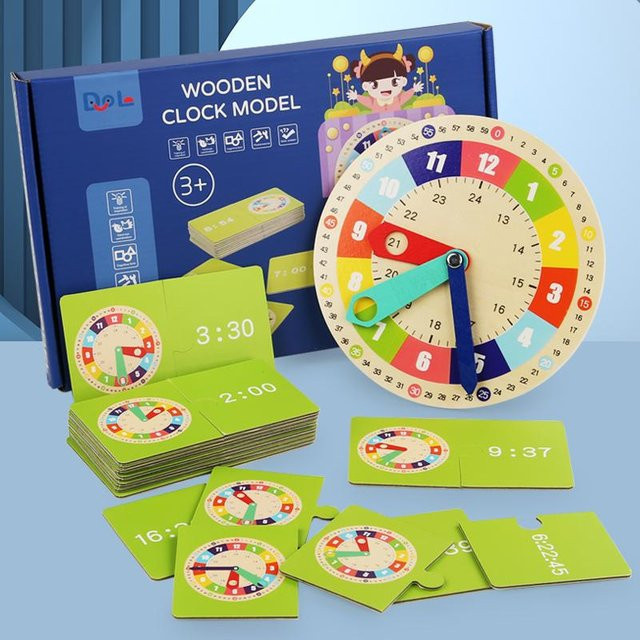 BELA Building Blocks Holzuhr Lernuhren mit Karten, Kindergarten Spielzeug - Bild 1