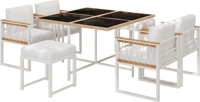 okwish Garten-Essgruppe 7-teilig mit Tisch aus gehärtetem Glas und Akazienholz in Naturfarben - Bild 1