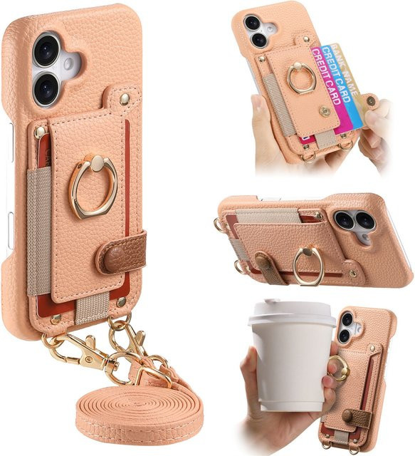 Leder-Umhängetasche mit Kartenhalter und Lanyard-Ring als Handyhülle für Apple iPhone, Farbe: Grau - Bild 1