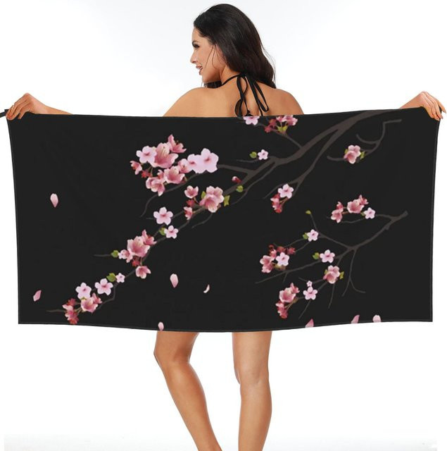 JMG Household Supplies Strandtuch mit japanischem Kirschblütenmuster in Schwarz, weiche Mikrofaser, schnelltrocknend und saugfähig, B/H: 80 x 160 cm - Bild 1