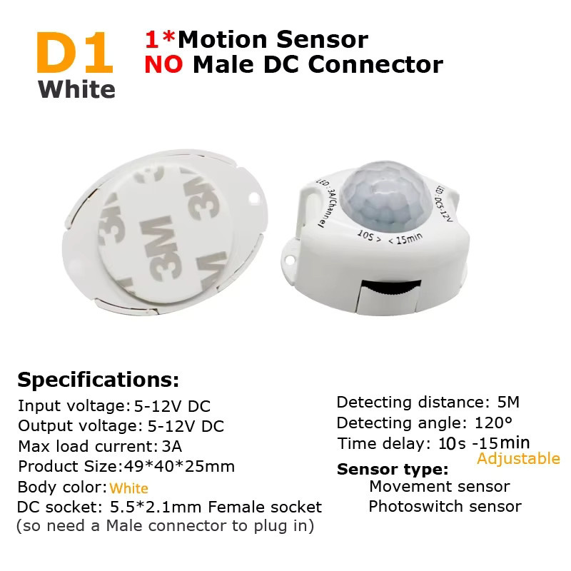 MJJC PIR-Bewegungsmelder-Schalter für LED-Streifen in Weiß mit Timer und DC-Stecker, 12 V DC - Bild 2