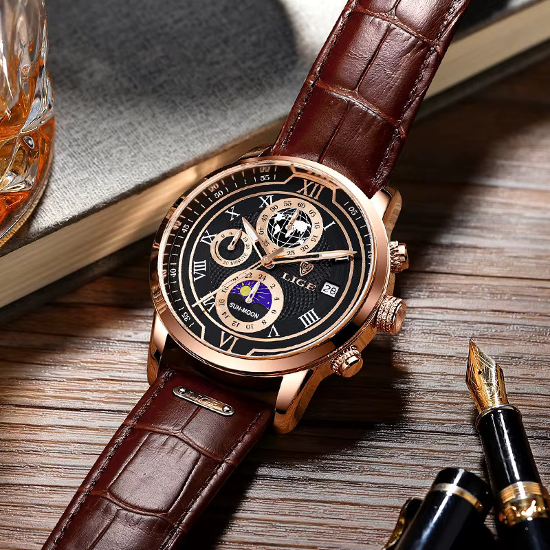 LIGE Armbanduhr Chronograph, Quarz, Leder, Schwarz, Roségold, Herren - Bild 5