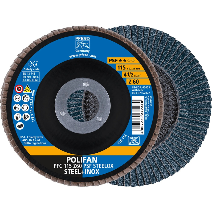 PFERD Polifan PSF PFC Steelox Fächerscheibe für Metall, Blau, Durchmesser: 115 mm, Breite: 60 mm - Bild 2