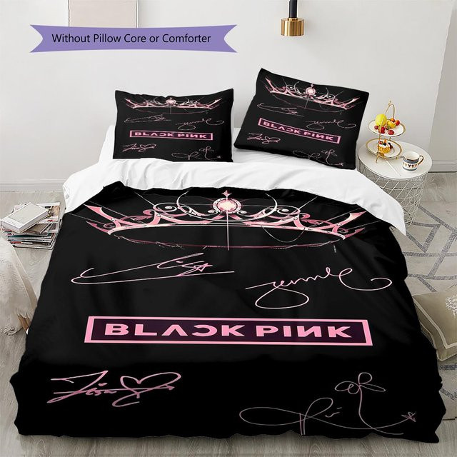 Blackpink Muster Bettwäsche Set aus Polyester in Schwarz und Pink, bestehend aus 1 Bettbezug und 2 Kissenbezügen, B/T: 200 x 200 cm - Bild 1
