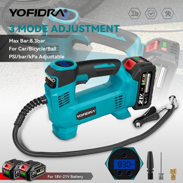 YOFIDRA Kabelloser elektrischer Luftpumpenkompressor mit LED-Anzeige und Akku-Anschluss für Makita 21 V Batterien in Blau - Bild 1