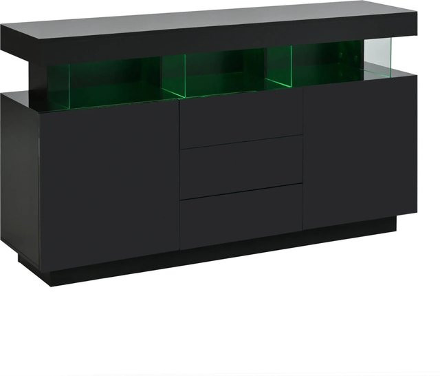 okwish Sideboard mit LED Acryl Türen in Schwarz, modern und glänzend, B/T/H: 140 x 35 x 80 cm - Bild 1