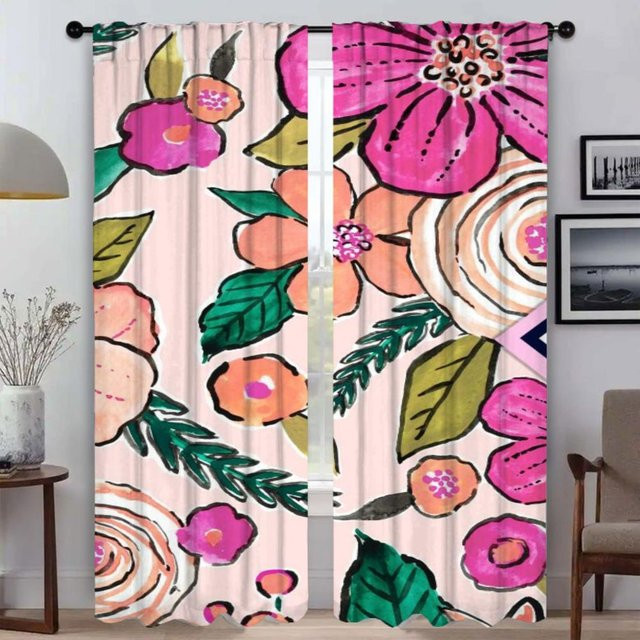 2er-Set Küchenvorhänge mit Blumen- und Blattmuster, halbtransparentes Tüll-Design für Schlafzimmer und Raumteiler, Mehrfarbig, Breite: 50 cm, Höhe: 70 cm - Bild 1