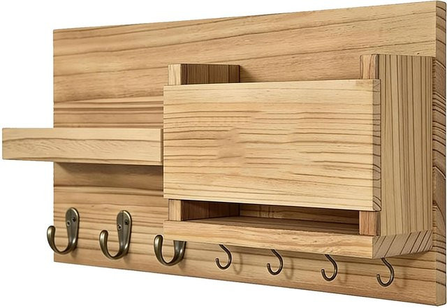 Wandmontierter Postorganizer aus Paulownia-Holz mit Schlüsselhalter und Haken in Braun - Bild 1