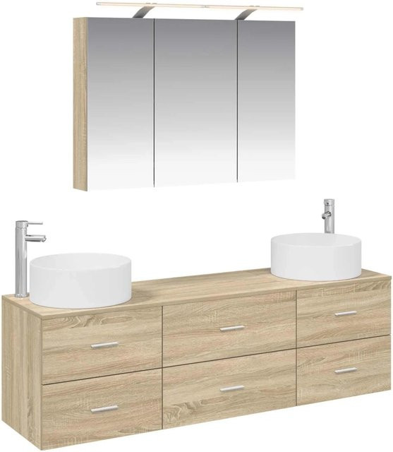 vidaXL Badezimmermöbel-Set 4-teilig in Sonoma-Eiche mit Waschtischunterschrank, Spiegelschrank und Wandschrank, Farbe: Braun - Bild 1