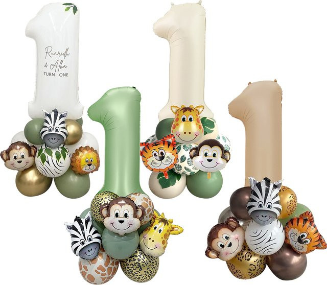 Wild One Ballon-Turm Set für Kindergeburtstage im Dschungel Safari Design, Mehrfarbig mit Retro-Anzahl-Ballon zur Partydekoration - Bild 1