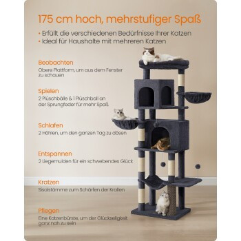 FEANDREA Kratzbaum mehrstöckig in Dunkelgrau mit Höhlen, Spielzeug und Hängematte - Bild 2