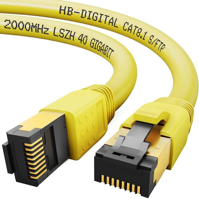 hb-digital Patchkabel CAT 8.1 LAN Kabel RJ45 S/FTP PimF LSZH Gelb, Länge: 2 m - Bild 1
