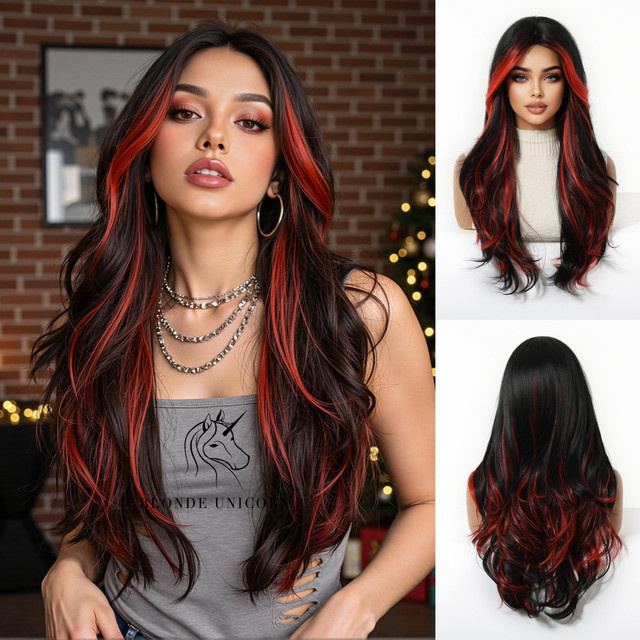 Blonde Unicorn Perücke, Damen, Rote bis schwarze Ombre-geschichtete lange gewellte synthetische Perücke mit Vorhang-Pony und roten Highlights, hitzebeständig - Bild 1