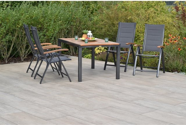 Merxx Gartenmöbelset Paxos 5-teilig aus Akazienholz und Metall in Grau mit Ausziehtisch und Klappsesseln - Bild 1