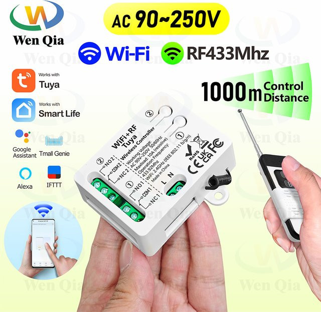 Tuya WiFi RF Smart Motor Schalter mit 2 Kanälen, 10A, Weiß, kompatibel mit Alexa und Google Assistant für Lampen, Motoren und Ventilatoren - Bild 1