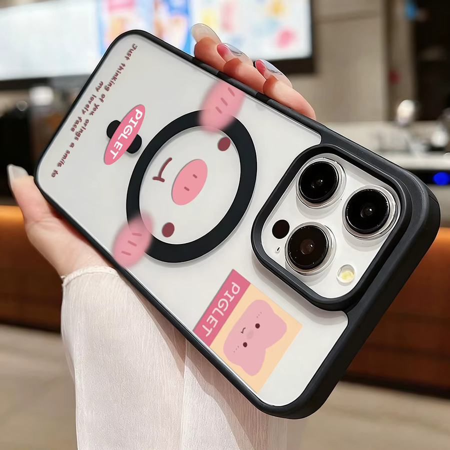 Caynes Magnetische Handyhülle mit Schwein-Design für iPhone 11 bis 17 Pro Max, Transparent Rosa, Stoßfeste Acryl Schutzhülle - Bild 4