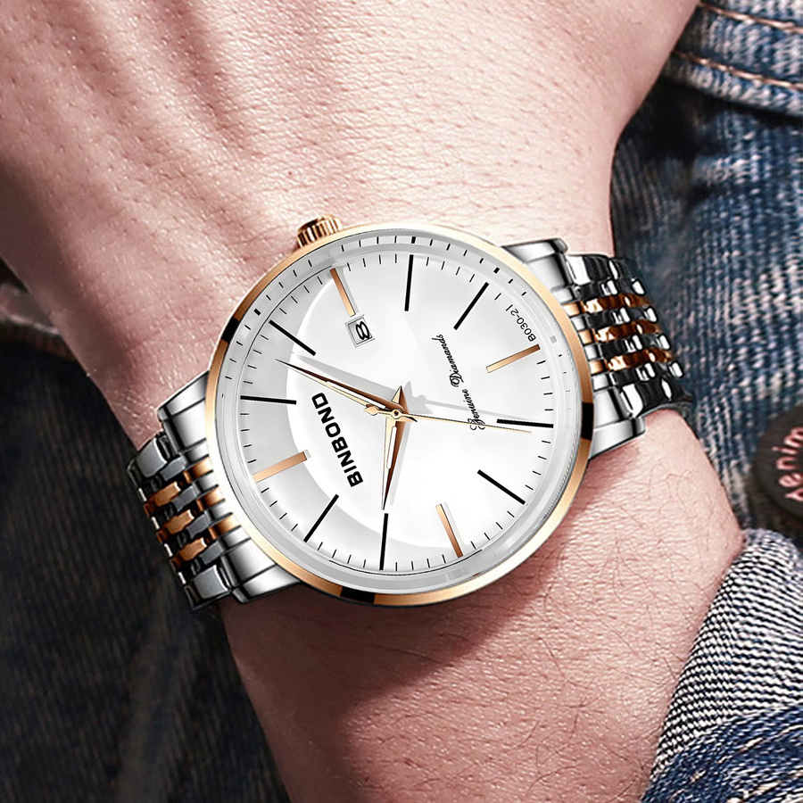 BINBOND Armbanduhr Quarz, Edelstahl, Bicolor, Weiß, Herren - Bild 4