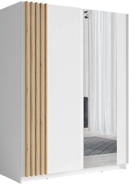 Vente-unique Kleiderschrank Calela in Weiß mit Schiebetüren und Spiegel, Skandinavisch, B: 150,5 cm, T: 62,0 cm, H: 198,5 cm - Bild 1