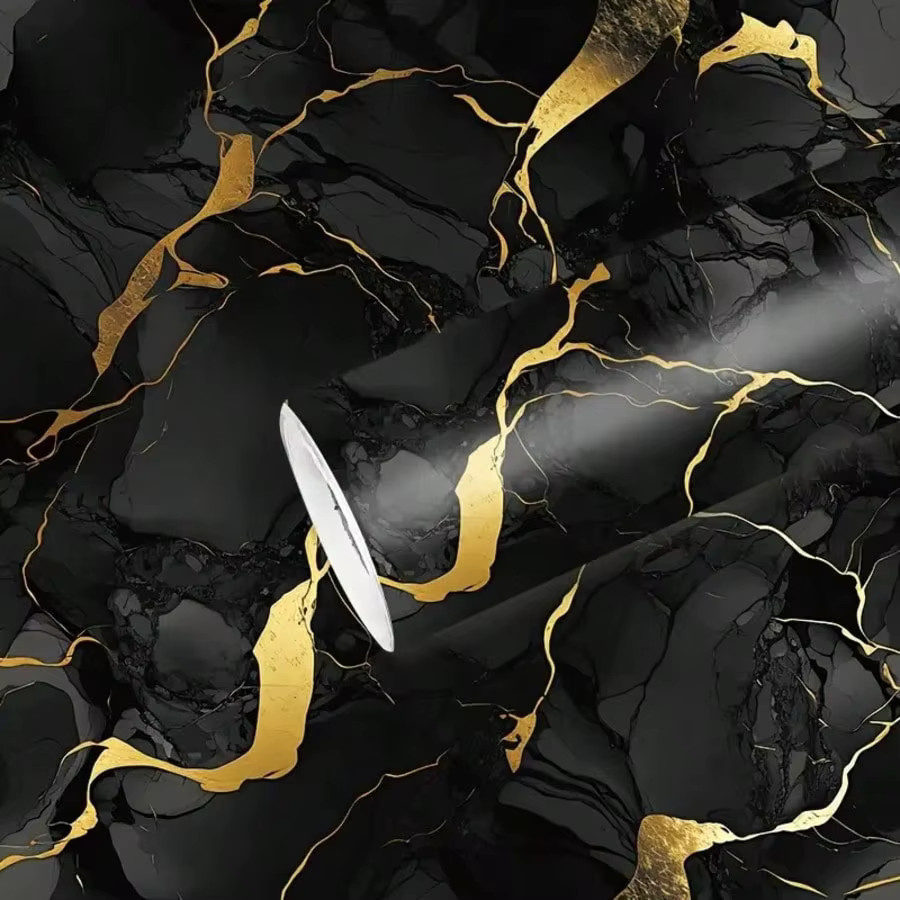 TTOKKONG WALLPAPER Selbstklebende Marmor Tapete in Schwarz mit metallischer und reflektierender Oberfläche, wasserdichte Wandgestaltung für moderne Dekorationen - Bild 5