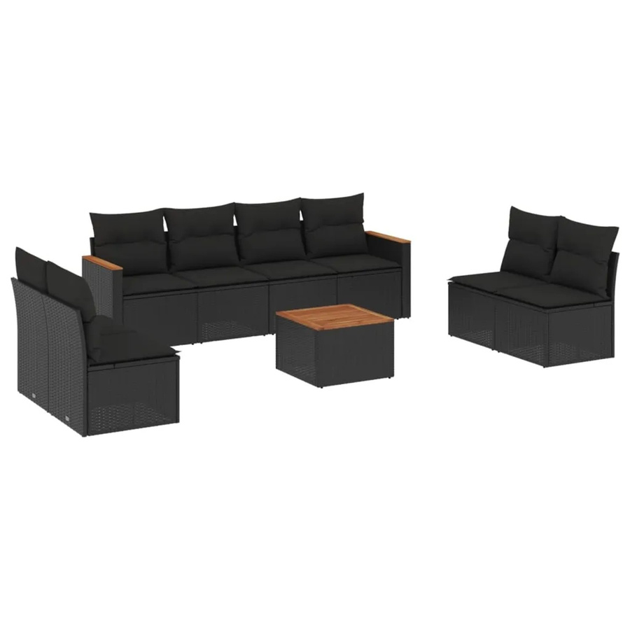 vidaXL 9-tlg Garten-Sofagarnitur aus Poly-Rattan und Akazienholz in Schwarz mit Kissen - Bild 2