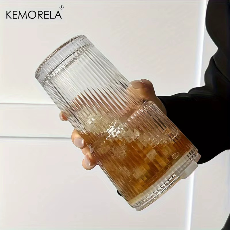 KEMORELA Streifen-Glas-Kaffeetasse mit Deckel und Strohhalm, transparentes Trinkglas für Saft und Eiskaffee, 600 ml - Bild 4