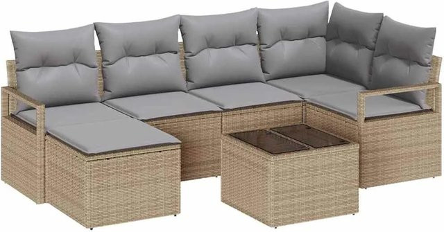 vidaXL Garten-Sofa-Set 7-teilig aus Polyrattan in Beige mit Polstern und L-Form für Terrasse und Garten - Bild 1