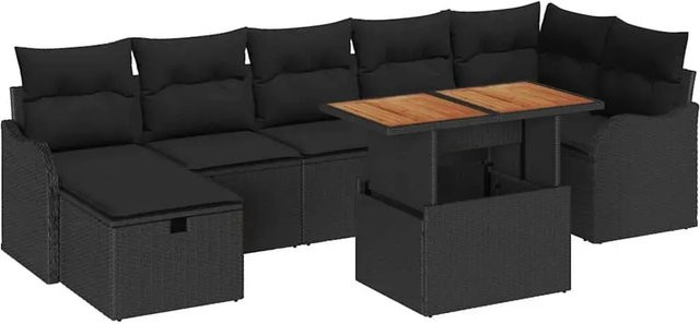 vidaXL Garten-Sofa-Set 8-teilig aus Poly-Rattan und Akazienholz in Schwarz mit Kissen - Bild 1