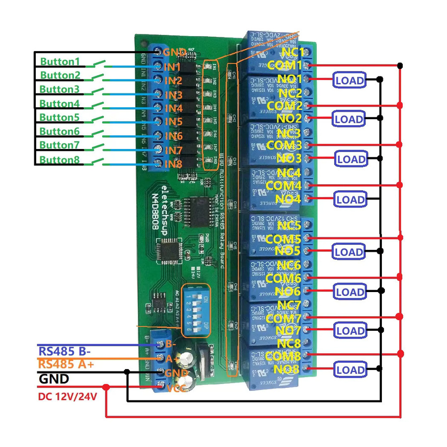 Eletechsup Modbus RTU Relaismodul mit 8 isolierten Eingängen und 8 Ausgängen, RS485 UART Steuerschalterplatine für DIN35 C45 Schienen, DC 12 V 24 V, Grün - Bild 3