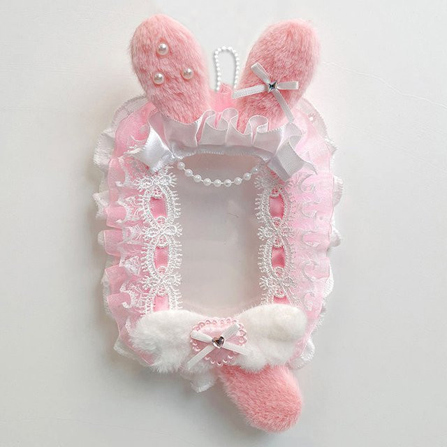 Dekorativer Fotokartenhalter im Lolita-Stil mit Plüsch-Hasenohren und Engelsflügeln in Pink, 7,62 cm - Bild 1