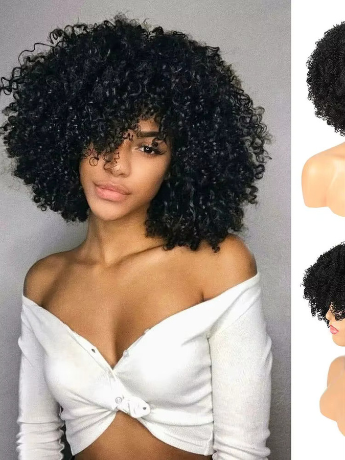 Booming Hair Synthetische kurze Afro-Perücke, lockig mit Pony, Damen - Bild 5